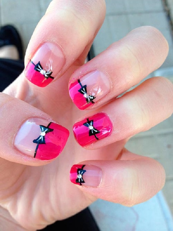 Hot pink French tips and bow nail art. Get your rhinestones ready and 