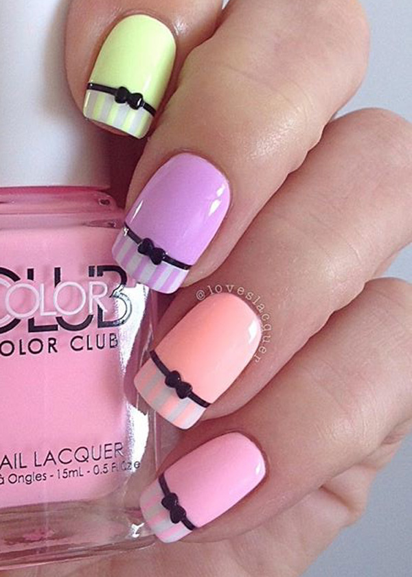 Very cute bow inspired spring nail art design. Add style to your regular bow nail art design by making the French tip a striped one leaving the rest of the inner nails in matte color.