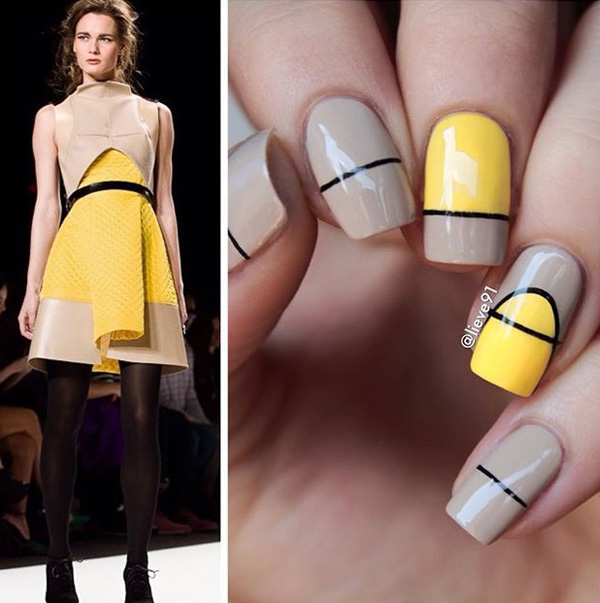 Yellow and beige spring nail art design. This wonderful color combination complements each other amazingly and adding the thin black lines only makes the design even more interesting.