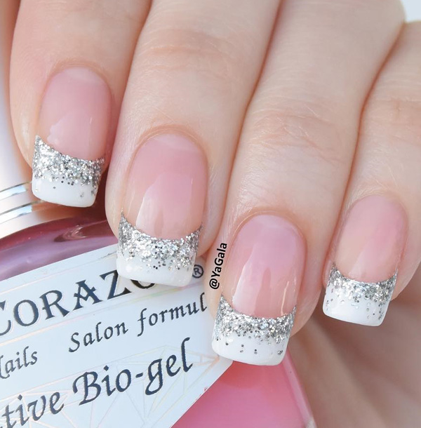 Simple but beautiful French tip. Coated in white, add more attitude to your French tips by putting silver glitter polish on the ends of the tips to give it a more vibrant feel.