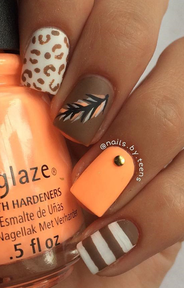 Spring nail art design taking inspiration from earth colors. You can make it so each of your nails has different designs using bright melon and chocolate colors.