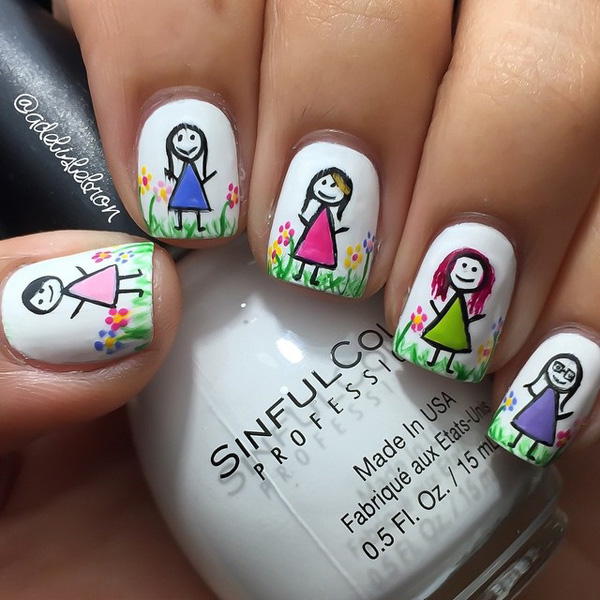 Cute and quirky spring nail art design. Start making your nails your very own canvass for art. Get to draw pretty little girls on each nail with a background of a wide field of spring flowers.