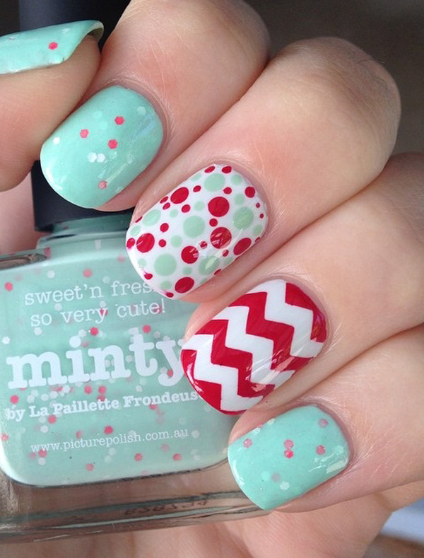 Make your nails an explosion of shapes and colors with this red and sea green color combination. You can add random zigzag shapes as well as pretty polka dot shapes alternatively on your nails.