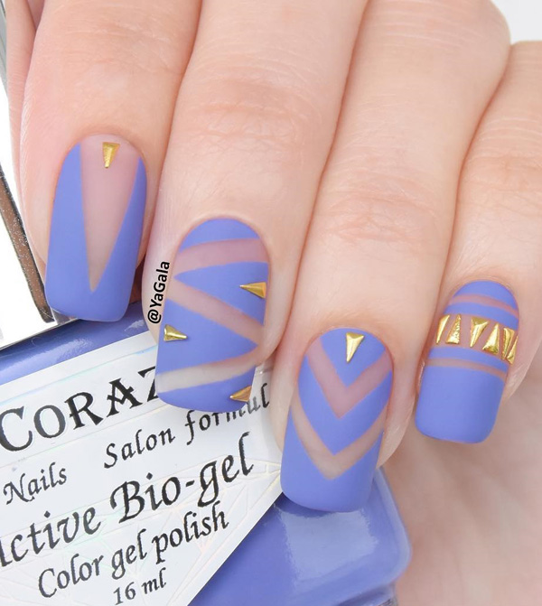 Sheer and gray blue spring nail art combination. You can play along with the blue gray polish and give it a zigzag effect, add gold embellishments on top to complete the look.