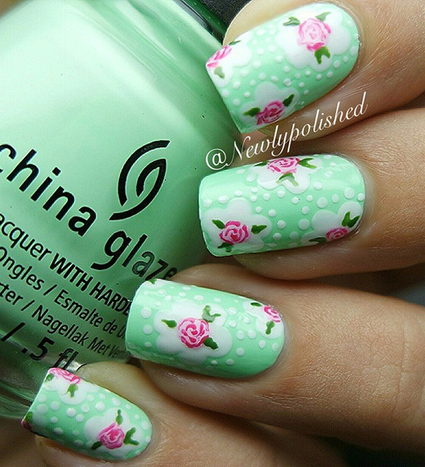 Pink roses on a sea green polka dot base color. A wonderful looking spring nail art design that you can paint when you want your nails to bloom along with the spring flowers.