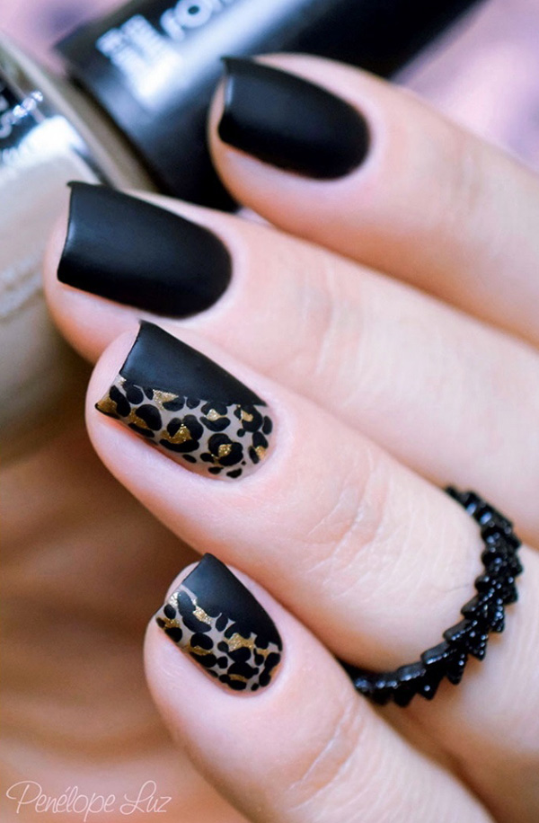 Black matted leopard nail art design. the matte colors are absolutely gorgeous and they help highlight the gold and gray leopard prints on top.