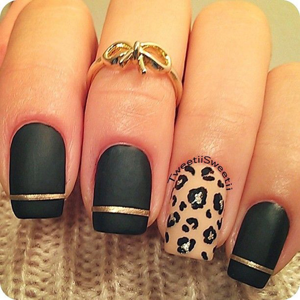 Black and nude leopard nail art design. A perfect color combination when you want to go formal and glamorous. It looks classy, simple but very eye catching. The leopard prints are also very subtle but beautiful.