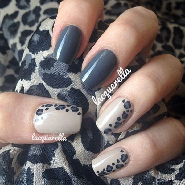 Blue gray and white leopard nail art design. Blue gray is such a laid back color that it looks prim and proper but at the same time elegant.