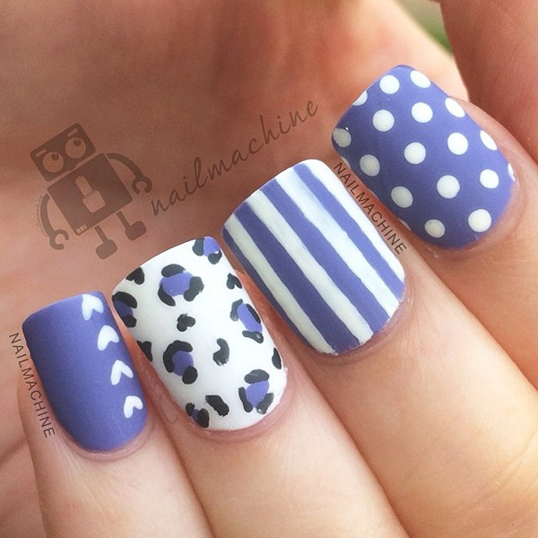 Pretty leopard nail art design with stripes, polka dots and hearts. The simplicity of this design is what makes it look outstanding. It highlights the simple design of each nail which in turn complements with one another.