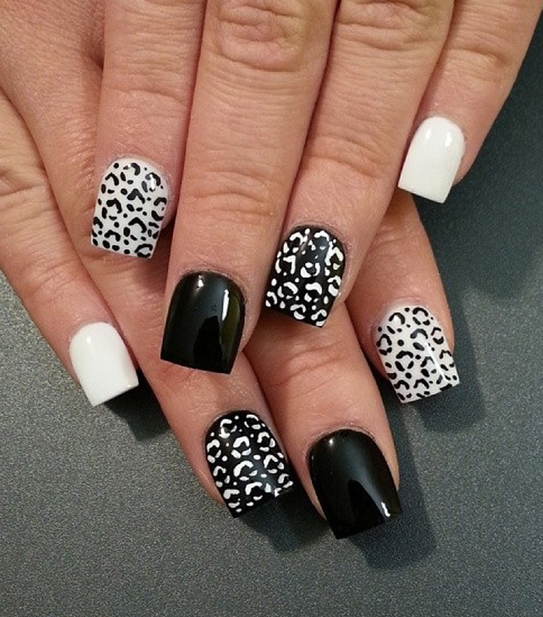Black and white leopard nail art design. The alternating effect of the prints and backgrounds give this effect a sleek appearance. It’s gorgeous and definitely eye catching.