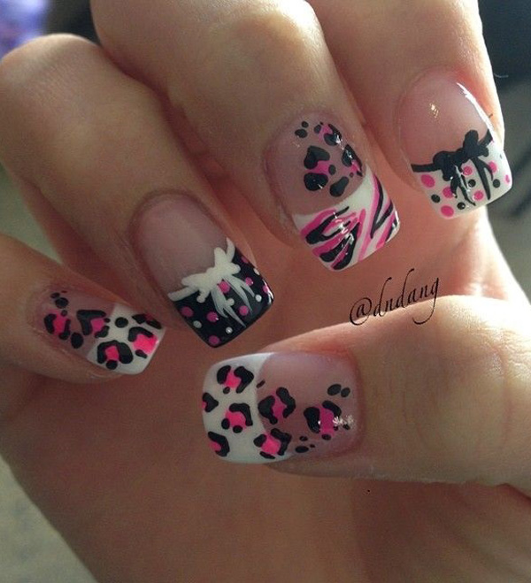 A really cute looking leopard nail art design. The combination of the designs with clear coat, pink, black and white polish looks refreshing and adorable.
