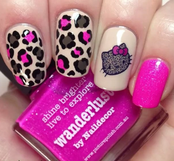 Hello kitty inspired leopard nail art design. The inclusion of help kitty is cute enough but it won’t be perfect if the other colors on the design won’t fit her. The design has its own charms and quirks.