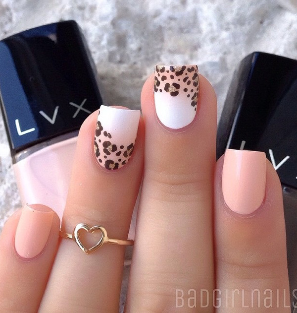 Pastel inspired leopard nail art design. The bright and simple look of this design coupled with the really light colors give it a homey and serene vibe.