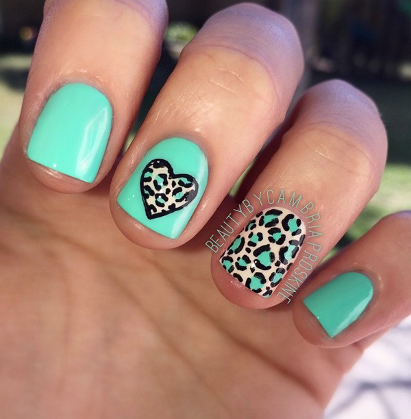 Cute blue inspired leopard nail art design. A nail art design perfect for summer and beaches. The heart shaped leopard prints is something different from the conventional design but definitely wonderful looking.