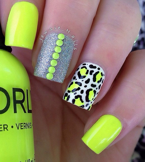 Bright and sunny colored leopard nail art design.  This nail art design has a citrus feel into which makes it look fun and jolly at the same time.