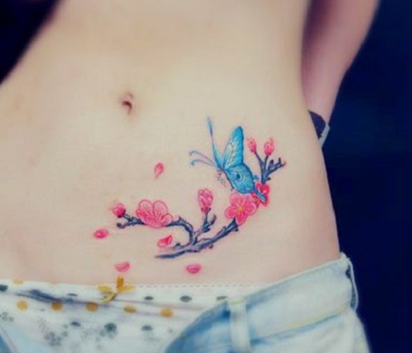 A blue butterfly with plum blossom tattoo on belly