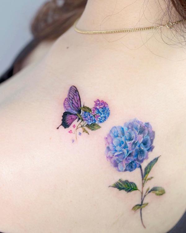 Butterfly and blue hydrangea tattoo