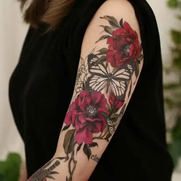 Butterfly and peony tattoo