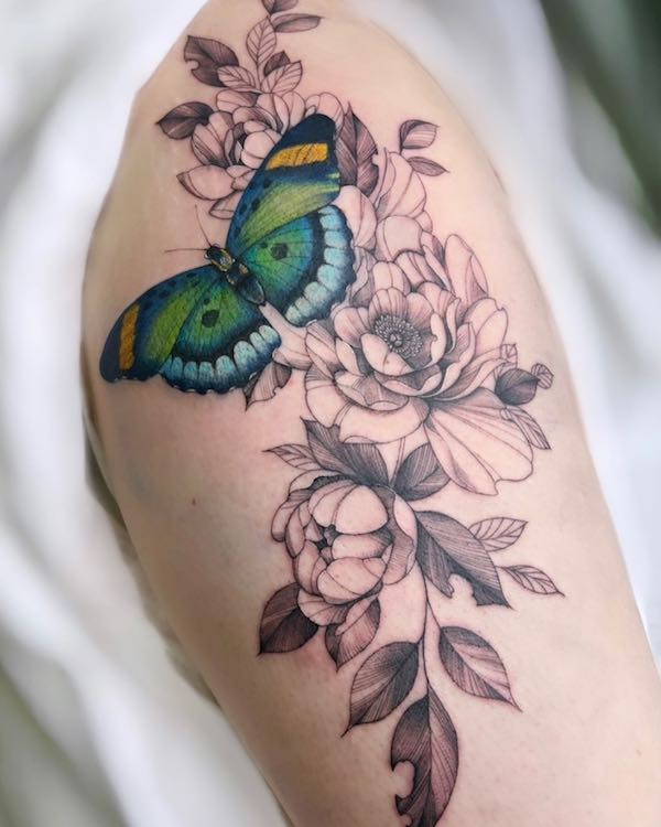 Green butterfly and peony tattoo