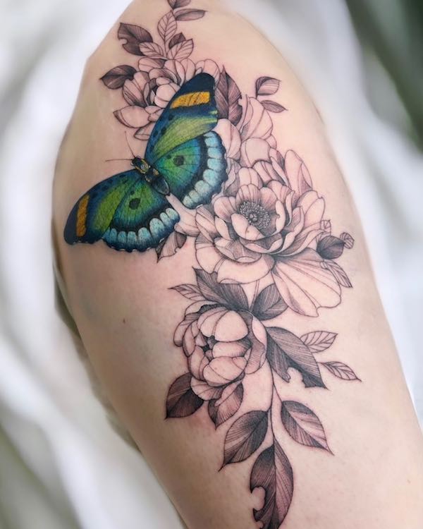 28 Awesome Butterfly Tattoos With Flowers  Spiritustattoocom  Rose and butterfly  tattoo Butterfly tattoo designs Butterfly tattoos images