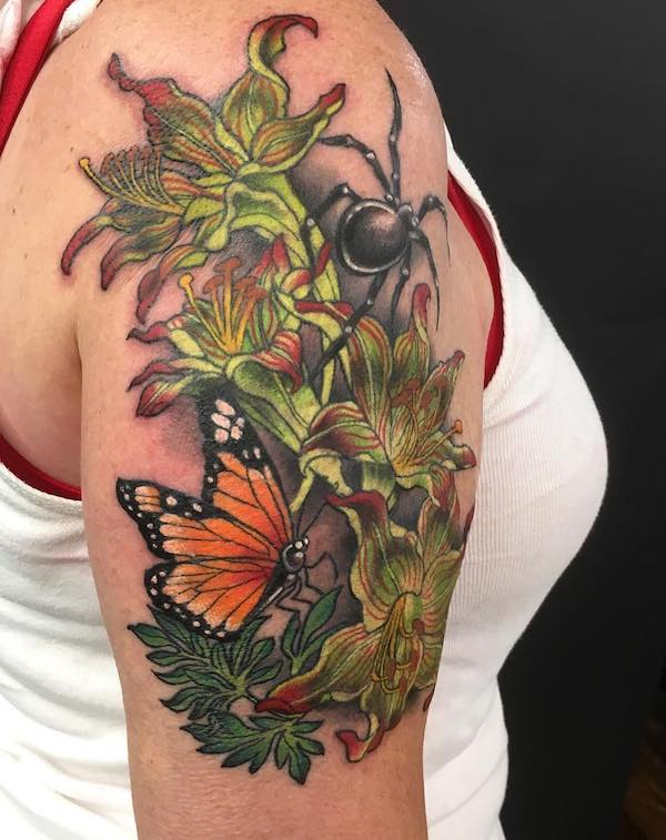 Hippeastrum and butterfly with a spider tattoo