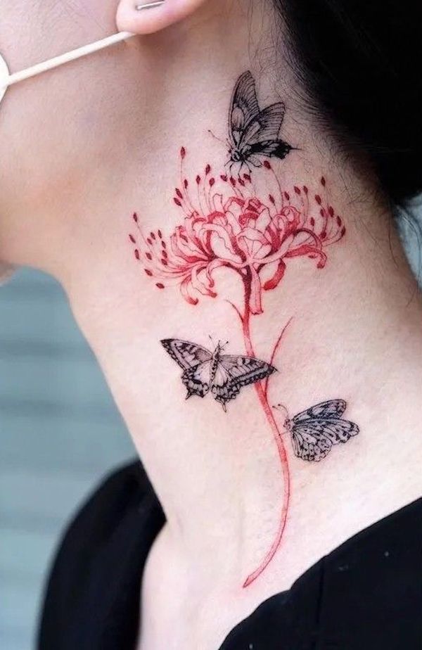 Lycoris and butterflies neck tattoo