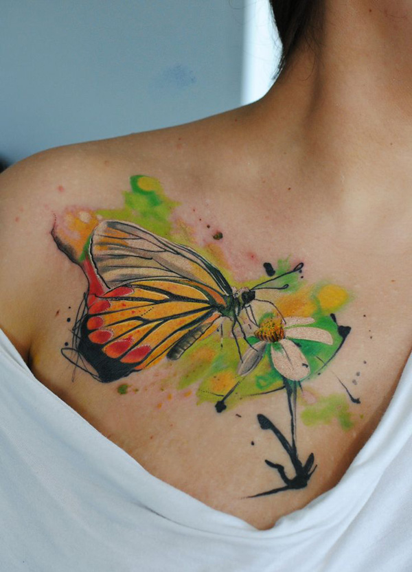 watercolor flower with butterfly tattoo