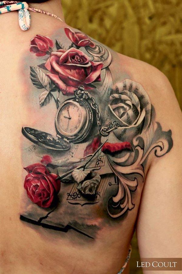 Grey Ink Rose Flower And Crying Girl Eyes Tattoo On Shoulder