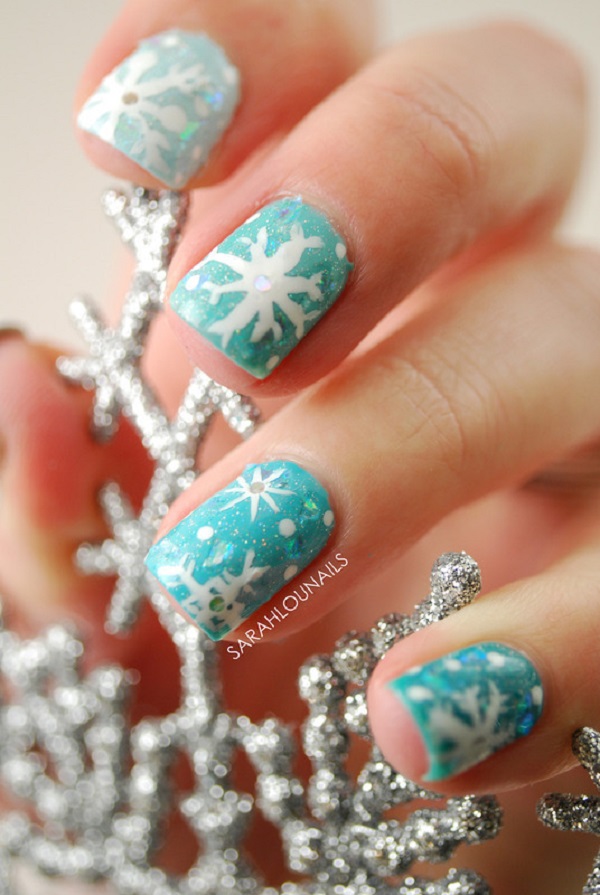 light blue nail designs with snowflakes