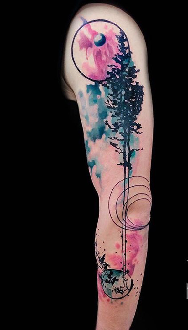 Watercolor Forest Tattoo On Right Arm by Koray Karagozler