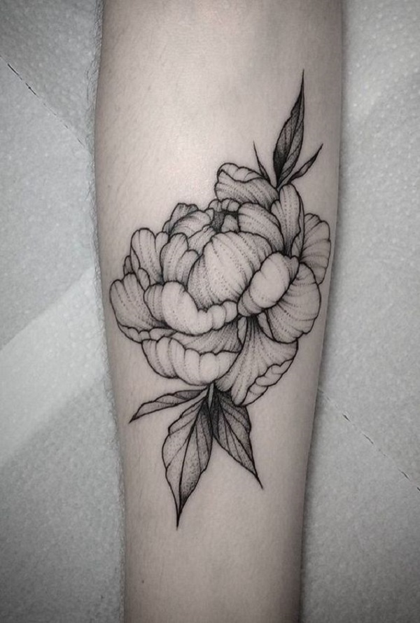 Classic Black And White Peony Flowers Tattoo On Right Thigh