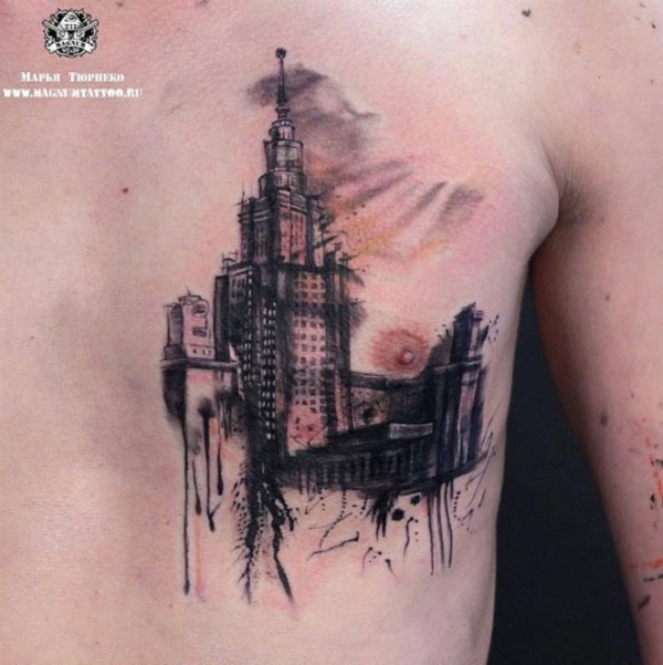 Medieval City  Mens Dark Chest Tattoo