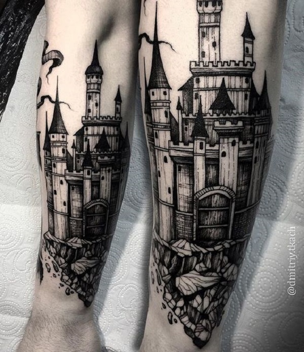 Tattoo uploaded by Tattoodo  Castle tattoo by Paul Dobleman PaulDobleman  architecturetattoos color traditional castle building tower clouds  coincloud star mountain medieval stairway stairs tattoooftheday   Tattoodo