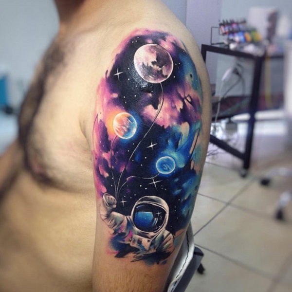 Mens galaxy space sleeve design tattoo in full colour with earth and  planets  Space tattoo sleeve Galaxy tattoo Tattoo sleeve designs