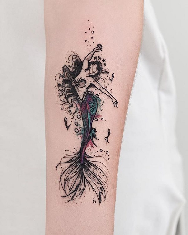 Beautiful Mermaid With Trident Monochrome Tattoo