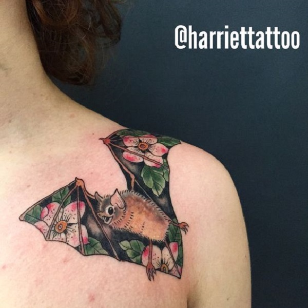 Neotraditional style bat portrait tattoo done on the