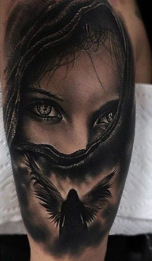 Black and Grey Woman Angel Portrait Tattoo Design – Tattoos Wizard Designs