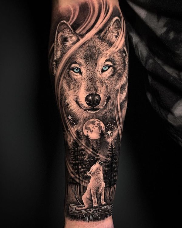 Becky Matheson  Wolf sleeve done in 2 sessions  Facebook