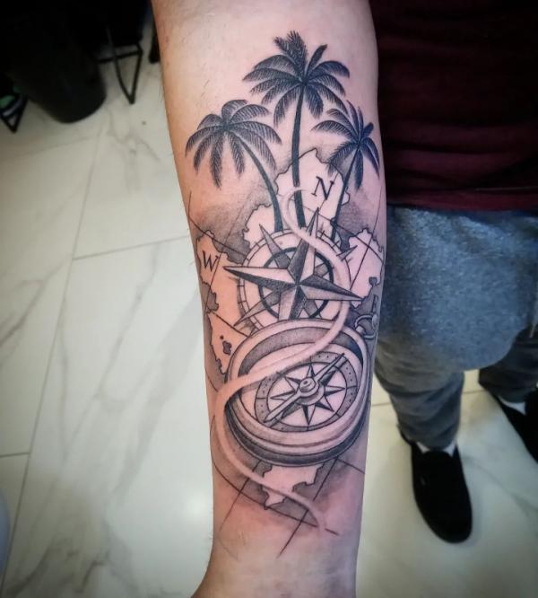 Compass and Palm Tree Forearm Sleeve Tattoo